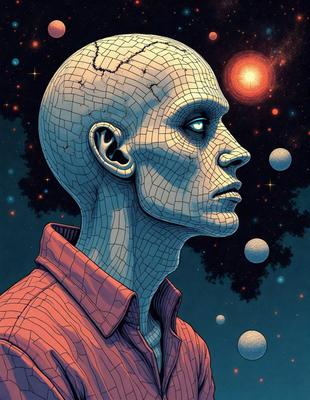 The primary subject of the image is a close-up of a person's head, with a focus on the face and the surrounding area. The setting is a space environment, with a backdrop of stars and planets. The visual style is a digital art or illustration, creating a surreal and intriguing atmosphere. The colors are predominantly dark and muted, with the stars and planets adding a sense of depth and dimension to the scene.